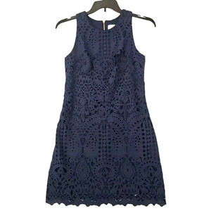 Nordstrom Eliza J ~Woman Size 4~ Navy Blue Lace Sleeveless Dress Fully Unlined.